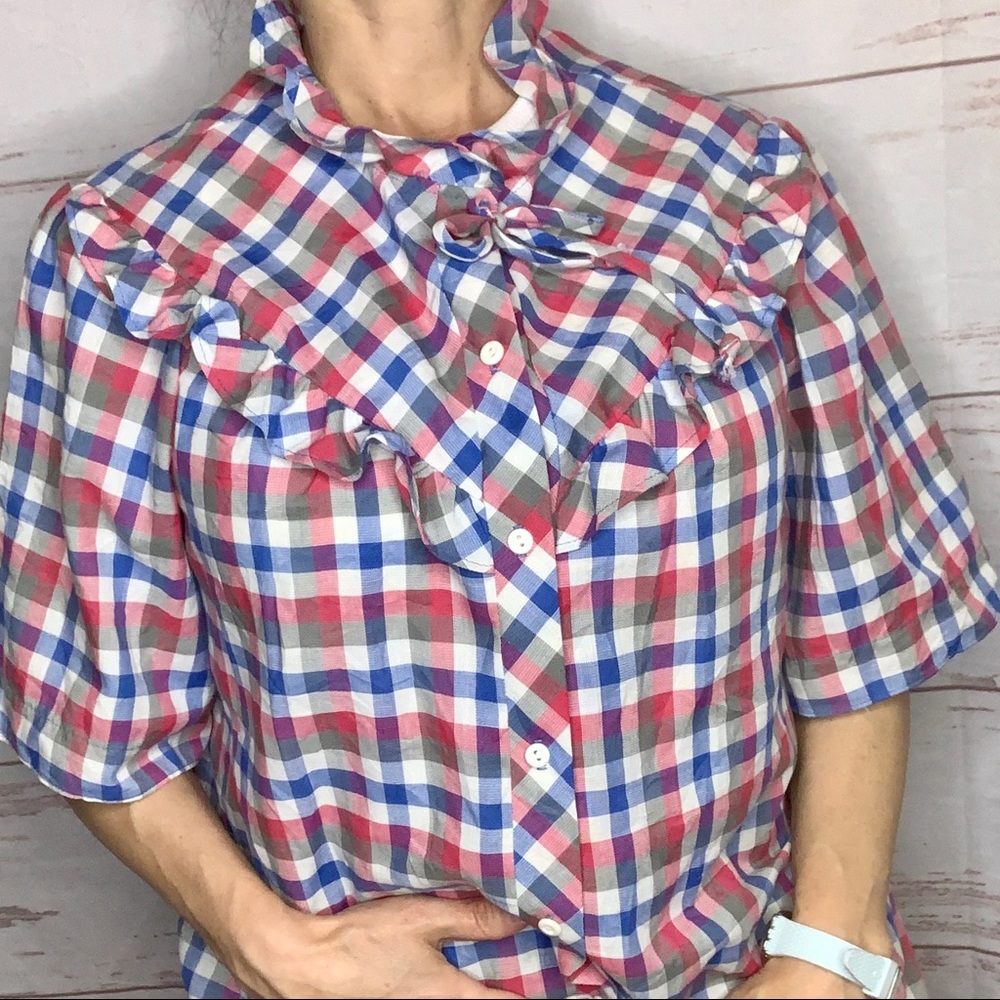 Vintage 70s coastal cowgirl ruffled check short sleeve western style blouse - Picture 2 of 11